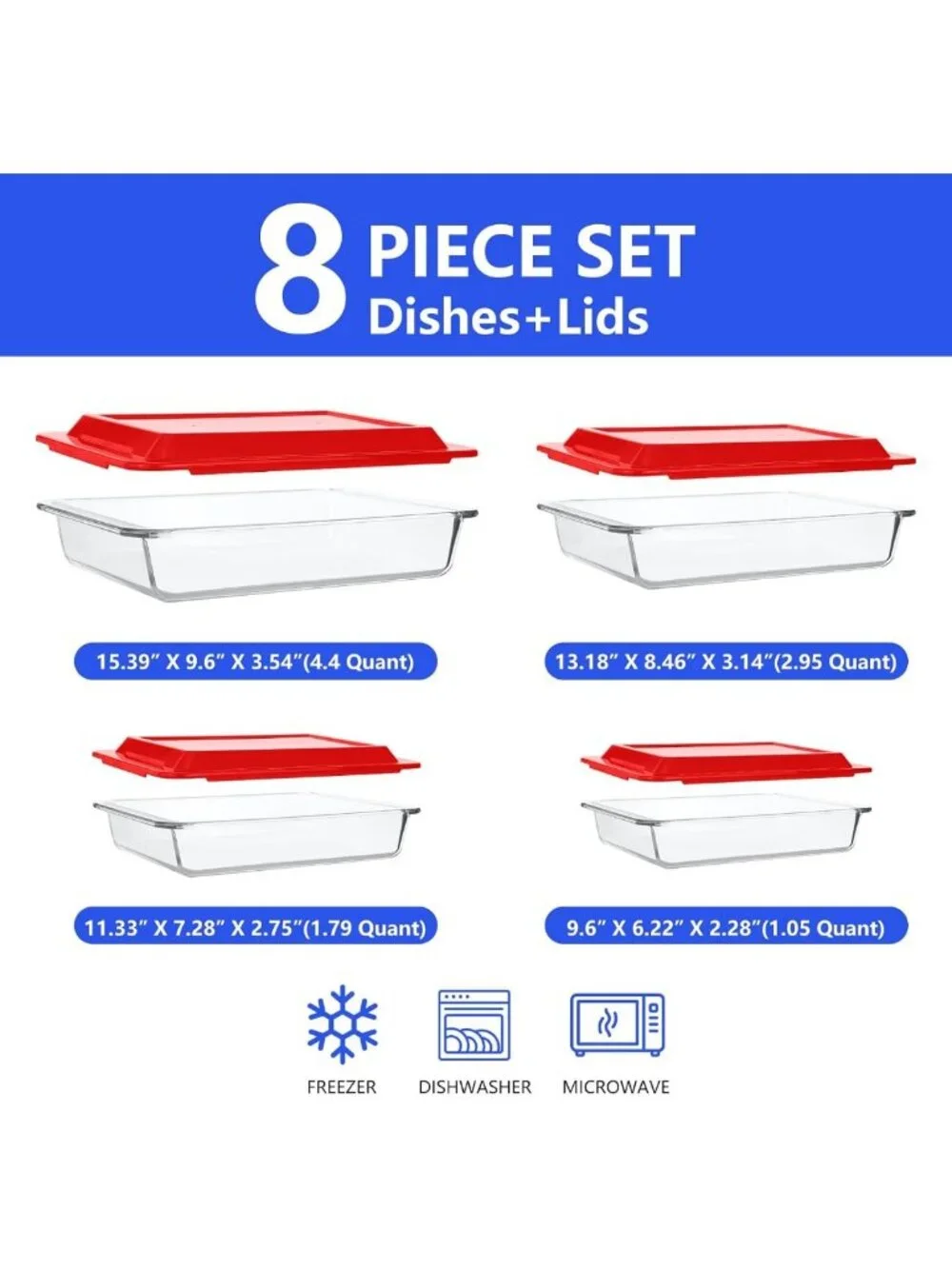 4-Piece Deep Glass Baking Dish Set with Lids - Versatile Sizes for Cooking